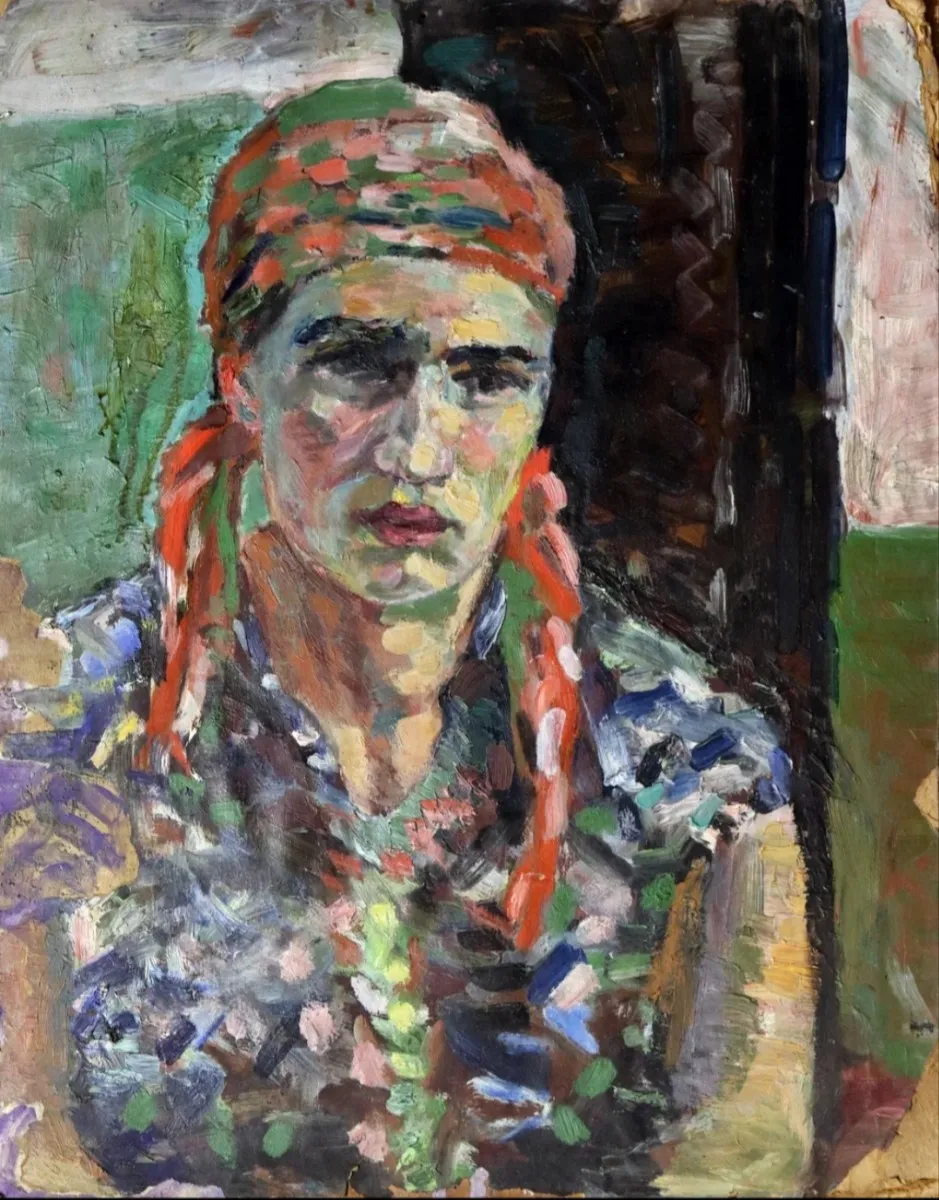 yuri-kosagovsky-avtoportret-v-zhenskom-platke-1960-karton-maslo