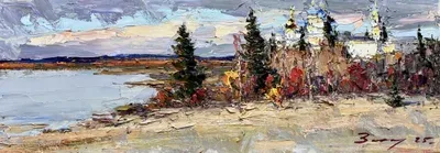 Картина „Багрянец осени“ (Андрей Захаров, масло, 35×100 см). Изображены багряные осенние деревья, берег водоёма, игра света. Эксклюзивная художественная работа, идеально подойдёт для коллекционеров и украшения интерьера.