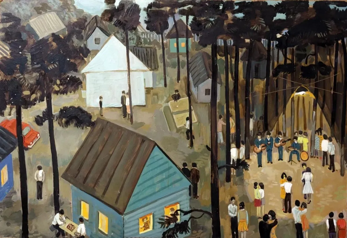 yuri-kosagovsky-baza-otdyha-kontsert-v-lesu-karton-maslo-59x89-1980-885