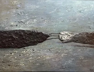 «Contactus» — Михаил Кабан-Петров, 2024, холст, авторская техника, 110×145 см. Две массивные формы соприкасаются тонкой линией