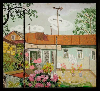 Картина Юрия Косаговского Дом Краюшкиных (1998, оргалит, темпера, 70х76 см) — космический рондизм и елецкий цикл в галерее ARTMAISON