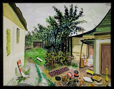 Картина Юрия Косаговского Дворик. Елец (2011, холст, темпера) — космический рондизм, пейзаж с гитарой и палисадником в галерее ARTMAISON