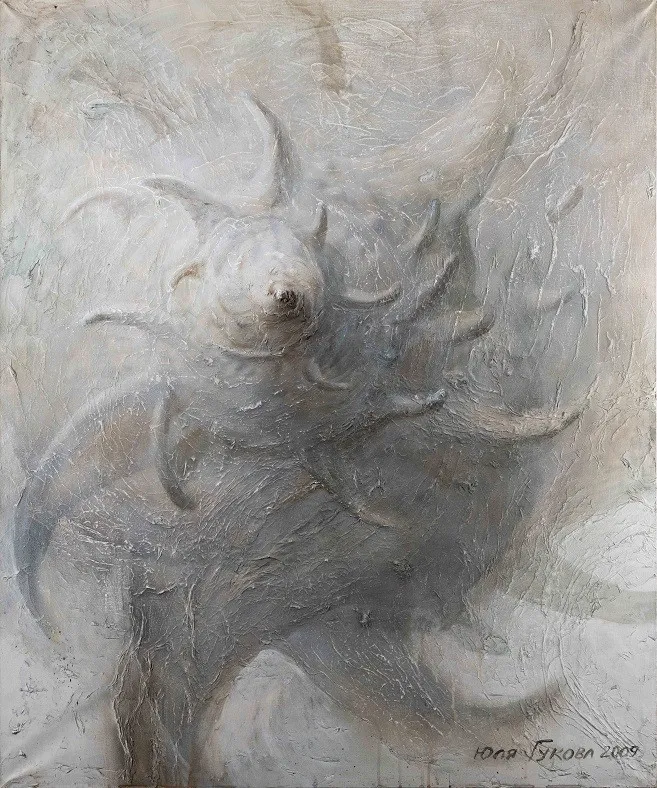 «Эротика моря» — Юлия Гукова, холст, акрил, 120×100 см. Ракушка в обрамлении абстрактных морских волн