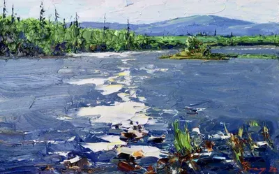 Картина „Гиперборея“ (Андрей Захаров, масло, 50х80 см). Изображены северная река, густые хвойные леса и далёкие горы. Эксклюзивная художественная работа, идеально подойдёт для коллекционеров и украшения интерьера. Воплощение мифа о Гиперборее