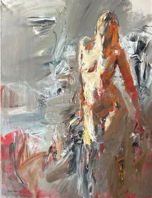 Картина Олега Калайтанова „Греческий танец“. Масляная живопись, экспрессивная композиция с фигурой танцовщицы. Динамичные мазки, контрастные оттенки красного, серого и бежевого. Передана энергия греческого танца, пластика движений. Размер: 130х100 см