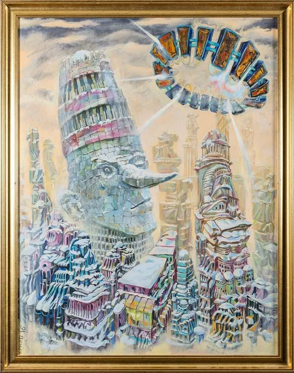Картина „Империо“ Льва Карнаухова (космофутуризм, масло на холсте, 90×70 см). Фантастический городской пейзаж с гигантской антропоморфной башней, напоминающей лицо. Над городом парит футуристический орбитальный объект. Сложные архитектурные формы, на