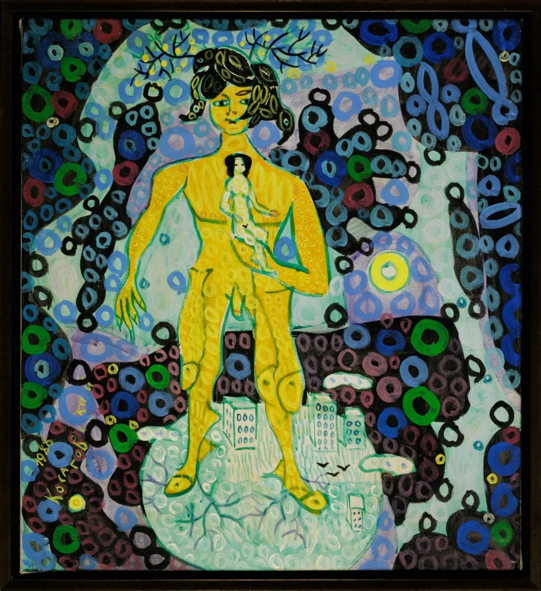 Картина Юрия Косаговского Истоки. Нити развития человека (1985, холст, темпера, лак, 71х62 см) — космический рондизм и андеграунд в галерее ARTMAISON
