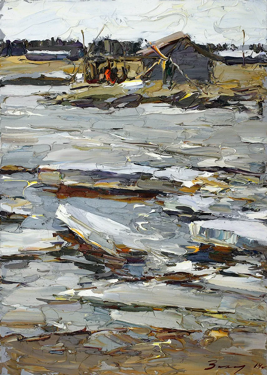 Картина „Ледоход“ (Андрей Захаров, масло, 70х50 см). Изображены северная река в период ледохода, куски льда, деревенские постройки на берегу. Эксклюзивная художественная работа, идеально подойдёт для коллекционеров и украшения интерьера. Воплощение м