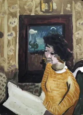 yuri-kosagovsky-molodaya-zhenschina-pered-akvariumom-dialog-s-matissom-karton-tempera-70x50-1974