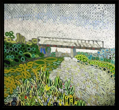 Картина Юрия Косаговского Мост. Елец (1992, холст, темпера, масло, 78х84 см) — космический рондизм и елецкий пейзаж в галерее ARTMAISON