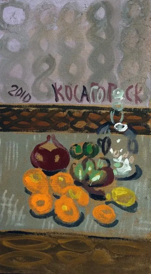 юрий косаговский, натюрморт с фруктами, 61x34, оргалит, темпера, 2010