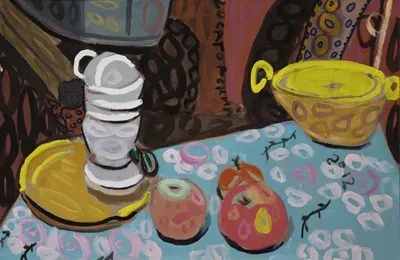 Картина Юрия Косаговского Яблоки и чашки (2012, картон, темпера, 34х53 см, №332) — космический рондизм, домашний натюрморт и экспонат выставки в БГХМ в галерее ARTMAISON