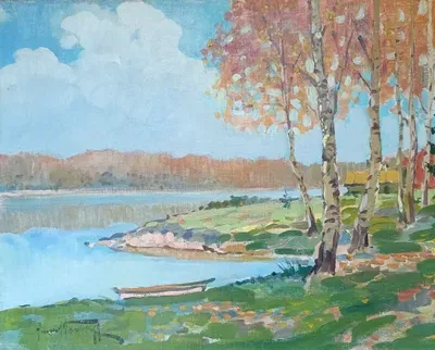Картина „Осенний пейзаж“ (Александр Манков, масло, 53×70 см, 1920-е гг.). Изображает умиротворённый осенний ландшафт: берёзовая роща у реки, лодка на берегу, голубое небо с пушистыми облаками. Эксклюзивная работа мастера пейзажной живописи, идеально