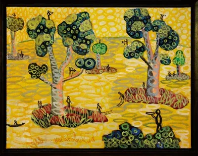Картина Юрия Косаговского Остров с человечками (1988, ткань, темпера, лак, 54х70 см) — космический рондизм и притчевый андеграунд в галерее ARTMAISON
