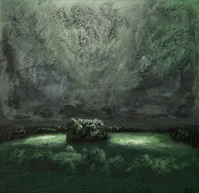 «Пейзаж под Юрово» — Михаил Кабан-Петров, холст, авторская техника, 84×86 см. Холм с густой растительностью, отражённый в зеркальной воде, под низким фактурным небом