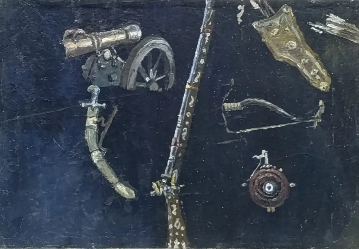 Этюд Василия Сурикова к картине „Покорение Ермаком Сибири“ (1891–1895). Изображены образцы оружия XVII века: пищаль, пушка на лафете, сабля, лук, колчан со стрелами, круглый щит. Масляная живопись, тёмный фон подчёркивает детали вооружения. Этюд испо