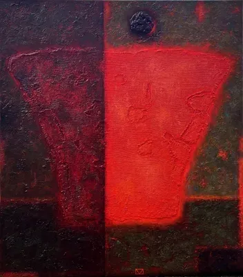 «Реставрация» — Михаил Кабан-Петров, холст, авторская техника, 130×124 см. Красная форма сосуда, проступающая из тёмно-красного и чёрного фона