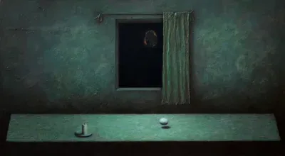 «Стол» — Михаил Кабан-Петров, 2014, холст, авторская техника, 100×180 см. Стол, свеча и шар напротив полуоткрытого окна