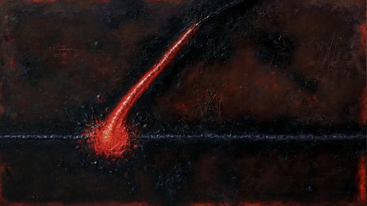 «Столкновение» — Михаил Кабан-Петров, холст, авторская техника, 70×124 см. Красная траектория раскалённого металла на почти чёрном поле