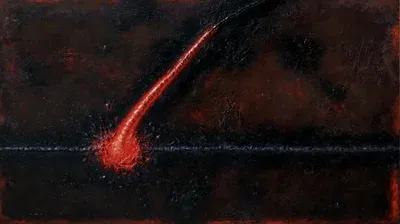«Столкновение» — Михаил Кабан-Петров, холст, авторская техника, 70×124 см. Красная траектория раскалённого металла на почти чёрном поле
