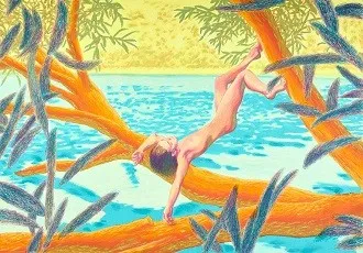 Картина Марии Евдокимовой „Тарзанка“ (примитивизм, холст, акрил, 80×115 см). Изображена фигура человека, качающегося на тарзанке над водоёмом, окружённого ветвями деревьев.
