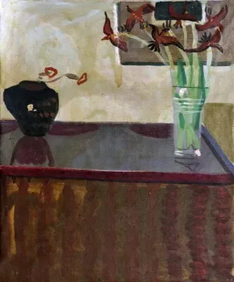 Картина Юрия Косаговского Цветы и птицы (1989, холст, смешанная техника, 45х36 см) — космический рондизм, интерьерный натюрморт и экспонат выставки в БГХМ в галерее ARTMAISON