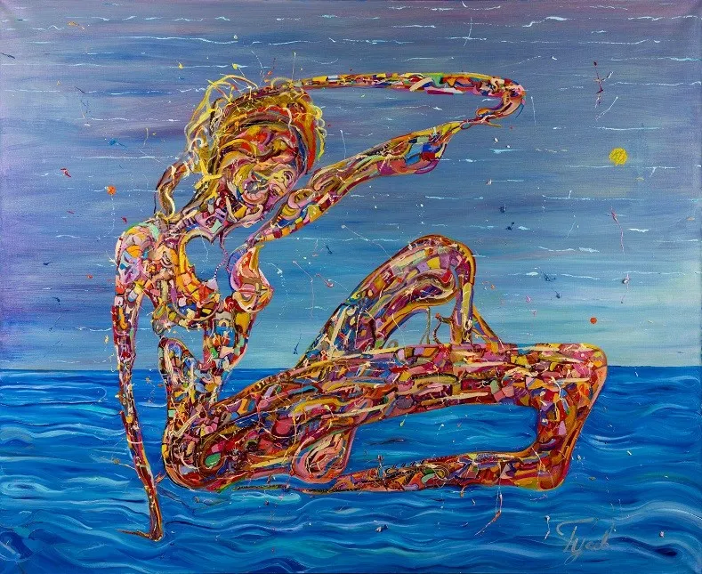 Картина „Ускользающая красота“ (Борис Гусев, масло, холст, 90×110 см). Сюрреалистический образ женщины, растворяющейся в пространстве, на фоне спокойного морского пейзажа. Эксклюзивная работа.