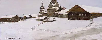 Картина „В Кижме“ (Андрей Захаров, масло, 35х90 см). Изображены заснеженная деревня, старинные деревянные дома, церковь с шатровыми куполами на фоне зимнего неба. Эксклюзивная художественная работа, идеально подойдёт для коллекционеров и украшения ин