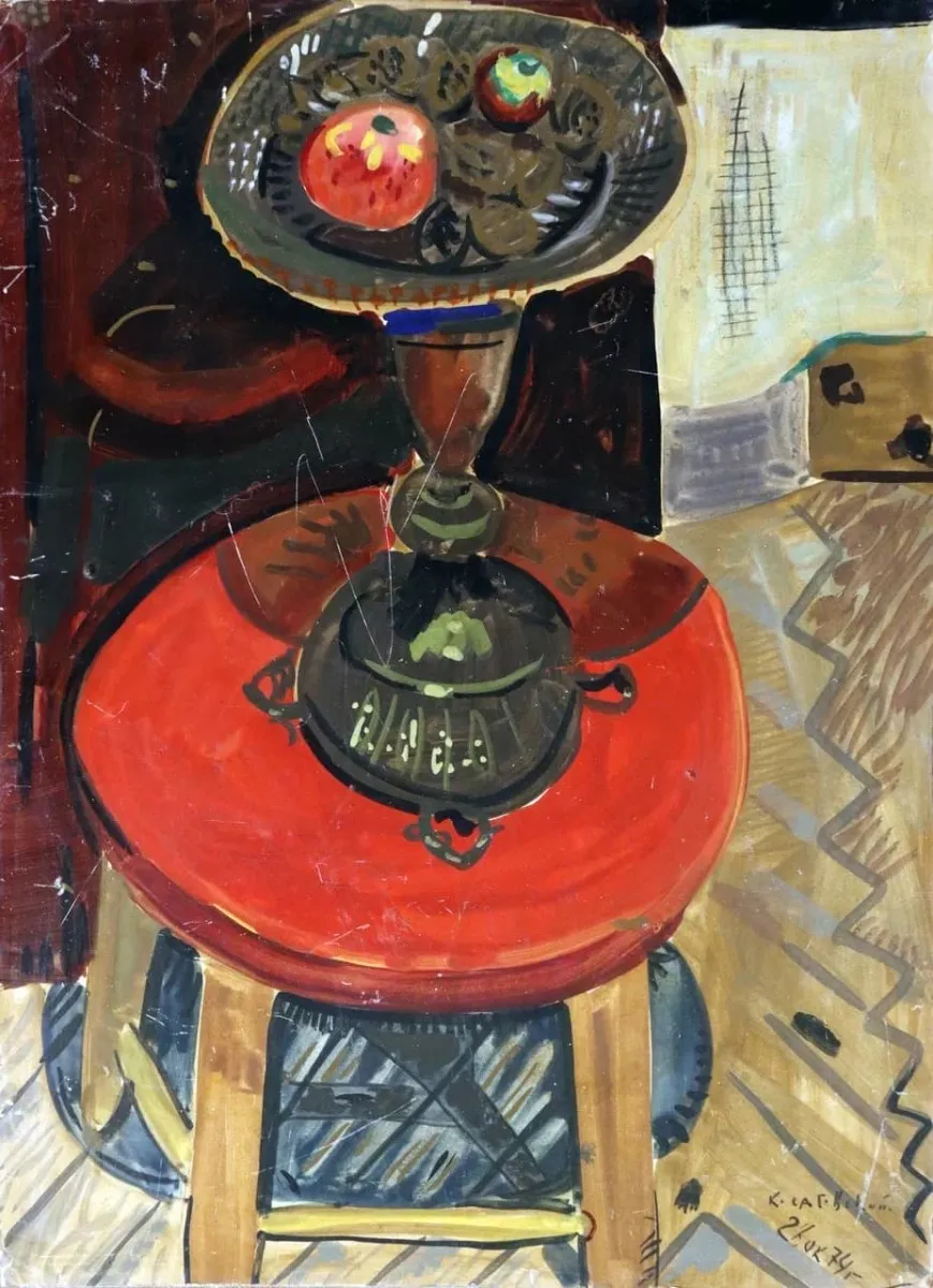 Картина Юрия Косаговского Ваза на красном стуле (1974, картон, масло) — ранний суровый стиль и советский нонконформизм в галерее ARTMAISON