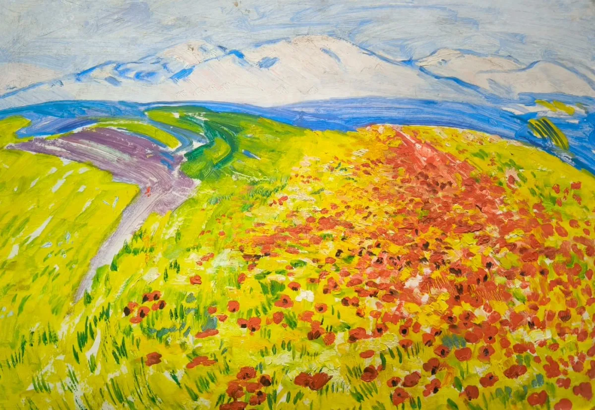 Картина „Весна в Апшероне“ (Саттар Бахлулзаде, масло на картоне, 48×70 см). Лирический пейзаж Апшеронского полуострова: маковое поле, извилистая дорога, зелёные холмы, заснеженные горы. Эксклюзивная работа основоположника азербайджанского импрессиони