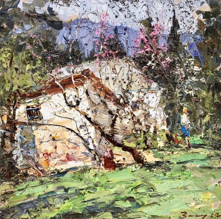 Пейзаж „Весна в горах“, художник Андрей Захаров. Масляная живопись, горный домик, цветущие деревья, весна, искусство, картина для интерьера.