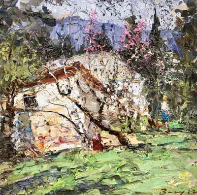 Пейзаж „Весна в горах“, художник Андрей Захаров. Масляная живопись, горный домик, цветущие деревья, весна, искусство, картина для интерьера.