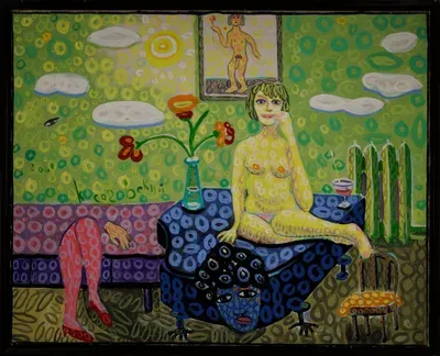 Картина Юрия Косаговского Женщина на рояле (2001, холст, акрил, лак, 73х92 см) — космический рондизм и сюрреализм в галерее ARTMAISON