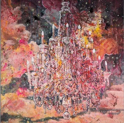 Картина „Звёздное небо“ (Мария Барковская, акрил, золотая поталь, 190×190 см). Величественная хрустальная люстра Baccarat в окружении вихря звёздного неба: розовые, жёлтые и тёмные оттенки создают мистическую атмосферу. Эксклюзивная работа современно